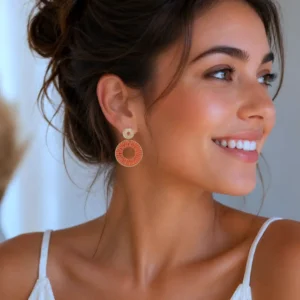 Boucles d'oreilles rondes orange pendantes et dorées pour femme