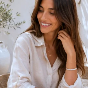Bracelet jonc femme en acier inoxydable doré émaillé blanc soleil
