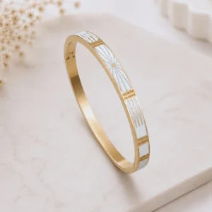 Bracelet jonc femme en acier inoxydable doré émaillé blanc