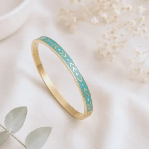 Bracelet jonc femme acier inoxydable doré émaillé bleu ciel à motifs géométriques