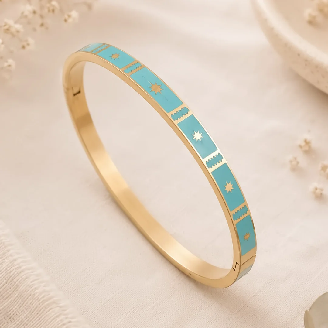 Bracelet jonc acier inoxydable doré émaillé bleu lagon avec motif étoile