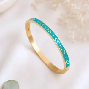 Bracelet jonc femme acier inoxydable doré émaillé turquoise à motifs géométriques