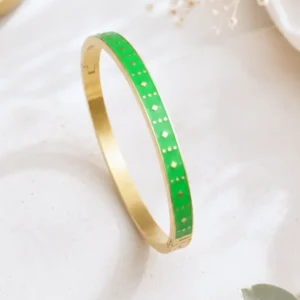 Bracelet jonc femme en acier inoxydable doré émaillé vert avec motifs géométriques