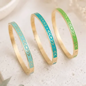 Bracelets joncs en acier inoxydable doré émaillés bleu ciel, turquoise et vert anis