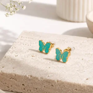 Boucles d'oreilles enfant acier inoxydable papillon turquoise