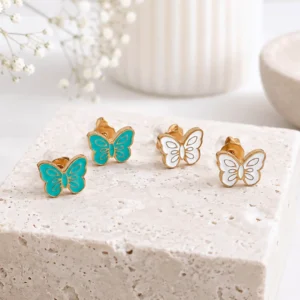 Boucles d'oreilles enfant acier inoxydable papillon turquoise et blanc