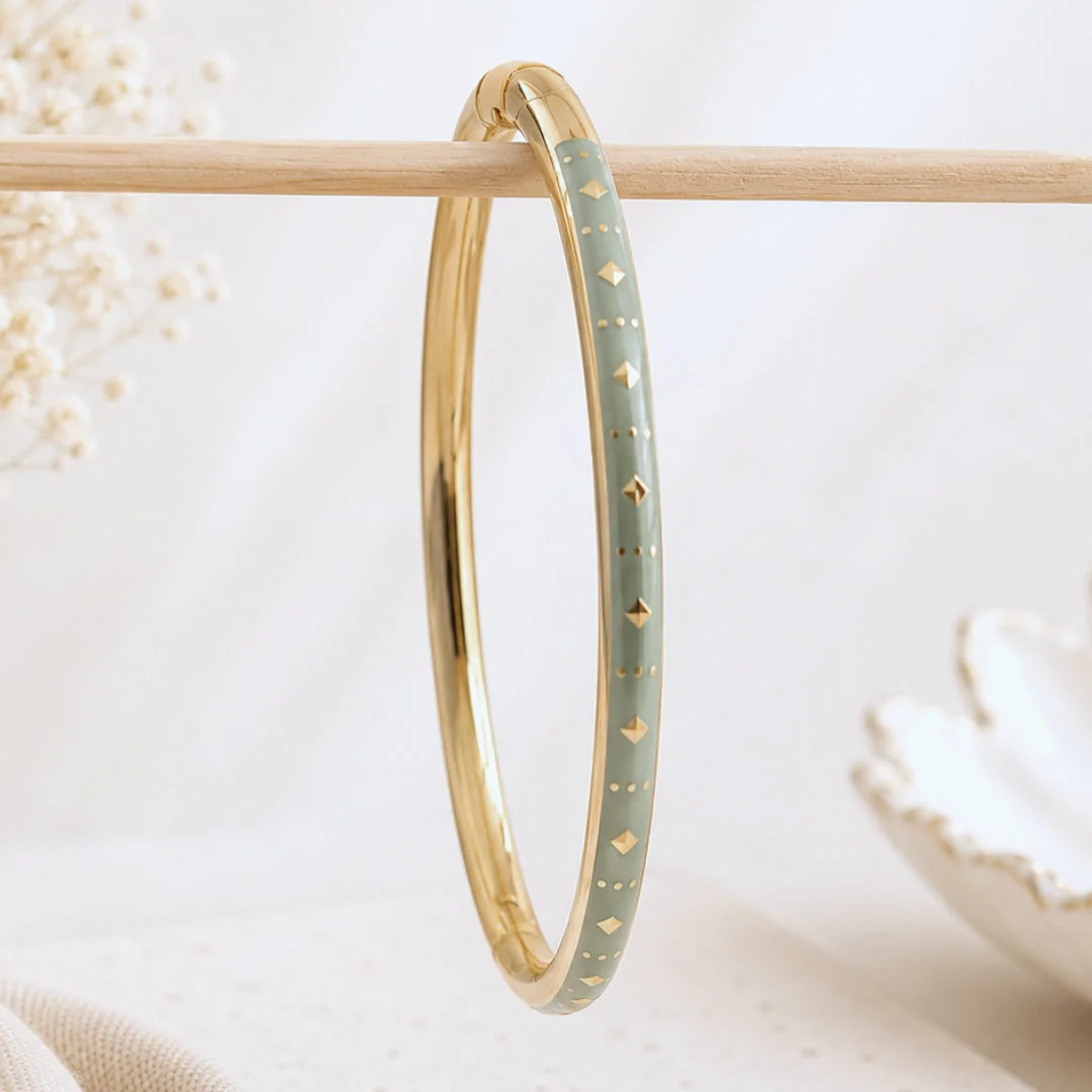 Bracelet jonc acier émaillé bleu sauge doré femme fin avec motifs géométriques