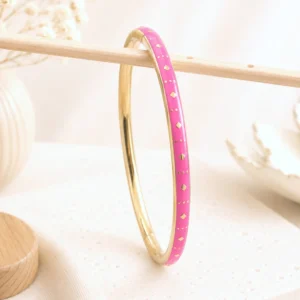 Bracelet jonc acier émaillé rose fuchsia doré femme fin