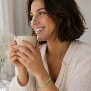 Bracelet jonc acier émaillé vert d'eau porté au poignet en acier inoxydable doré avec motifs géométriques