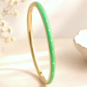 Bracelet jonc acier émaillé vert menthe doré femme fin avec motifs géométriques