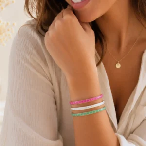 Bracelets joncs acier émaillé doré femme – rose fuchsia, blanc et vert