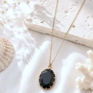 collier sautoir acier inoxydable femme pendentif pierre noire facettée