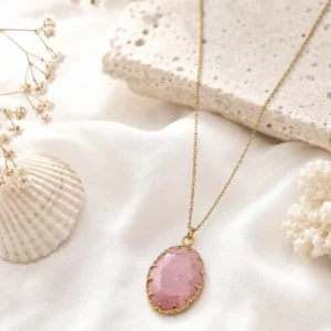 collier acier femme sautoir pierre ovale facettée rose doré