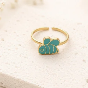 Bague enfant en acier inoxydable motif abeille turquoise