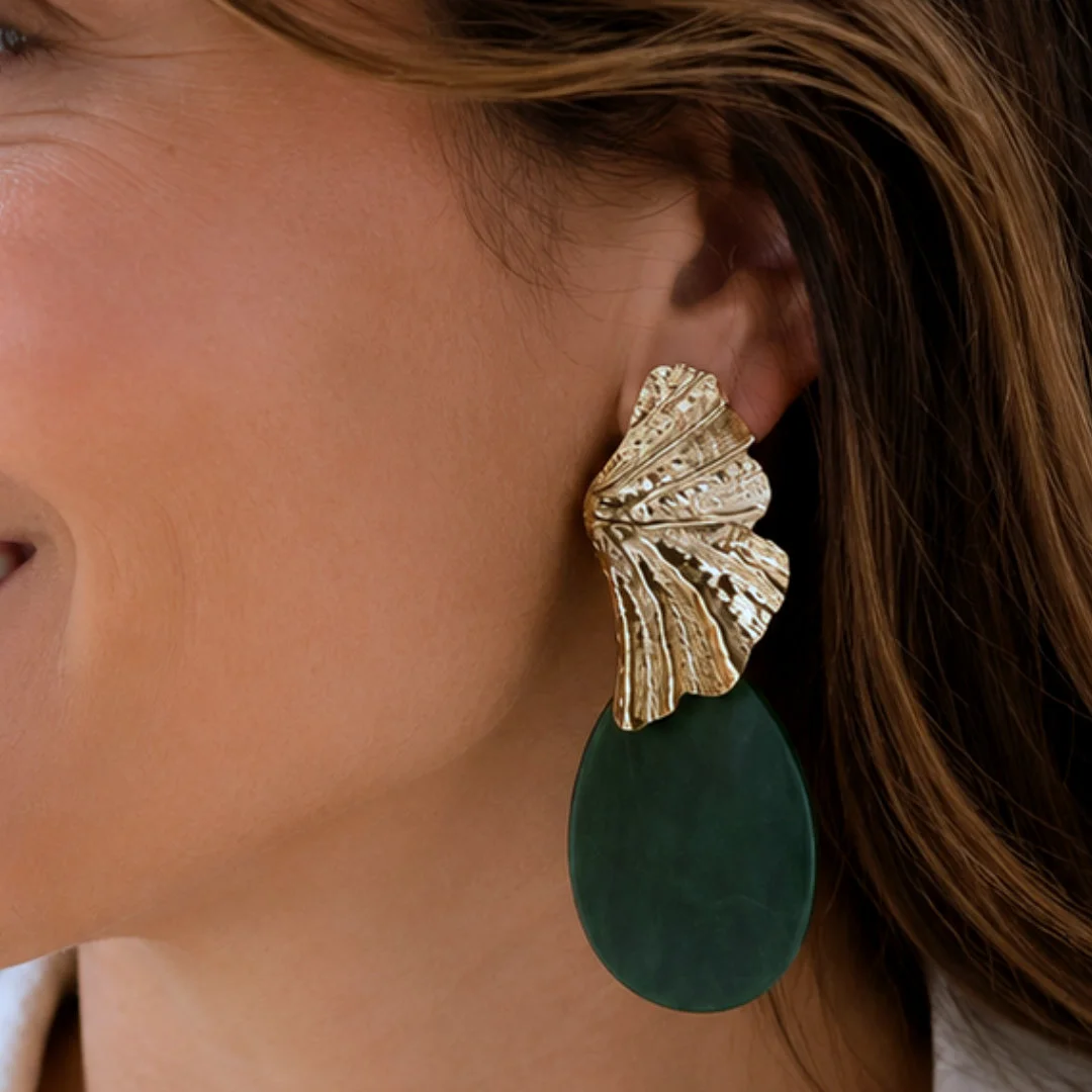 Boucles d'oreilles pendantes vertes dorées