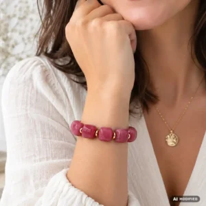 Bracelet élastique femme en résine rose fuchsia et acier doré