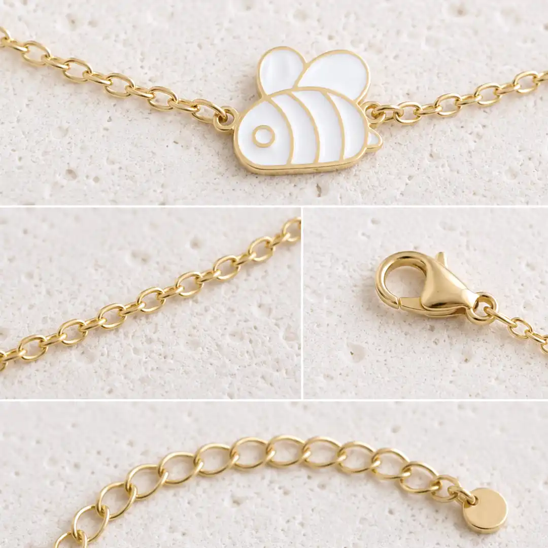 Détails bracelet enfant abeille acier inoxydable doré chaîne fermoir