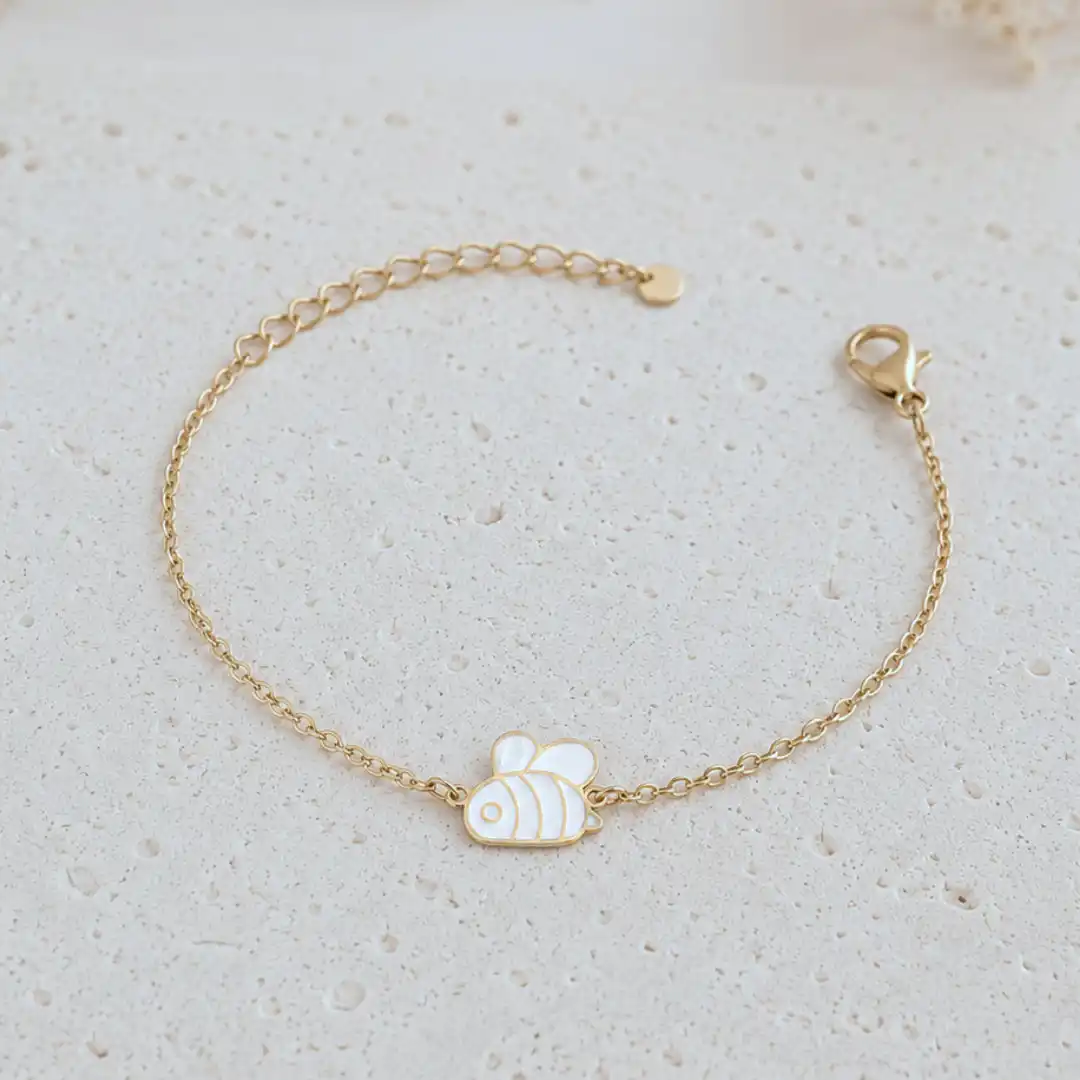 Bracelet enfant abeille émaillée blanche en acier inoxydable doré