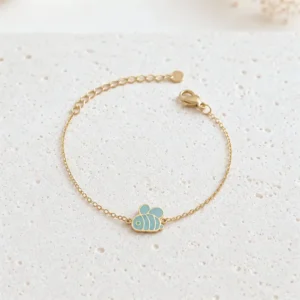 Bracelet enfant abeille bleu émaillé en acier inoxydable doré