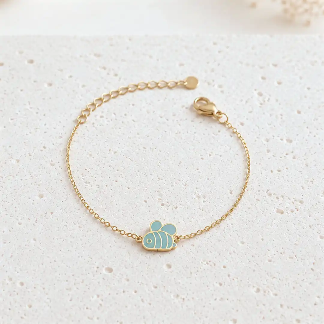 Bracelet enfant abeille bleu émaillé en acier inoxydable doré