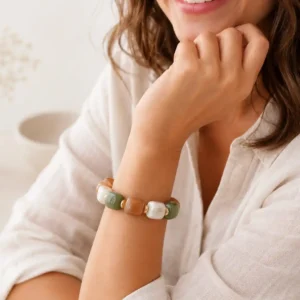 Bracelet femme en perles de résine vert camel et écru avec détails dorés