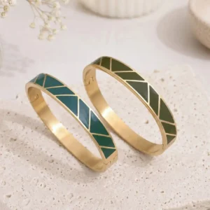 Bracelets joncs en acier inoxydable doré émaillé bleu canard et vert kaki