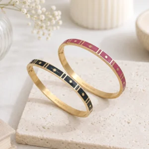Bracelets joncs acier émaillé noir et rose fuchsia femme en acier inoxydable doré