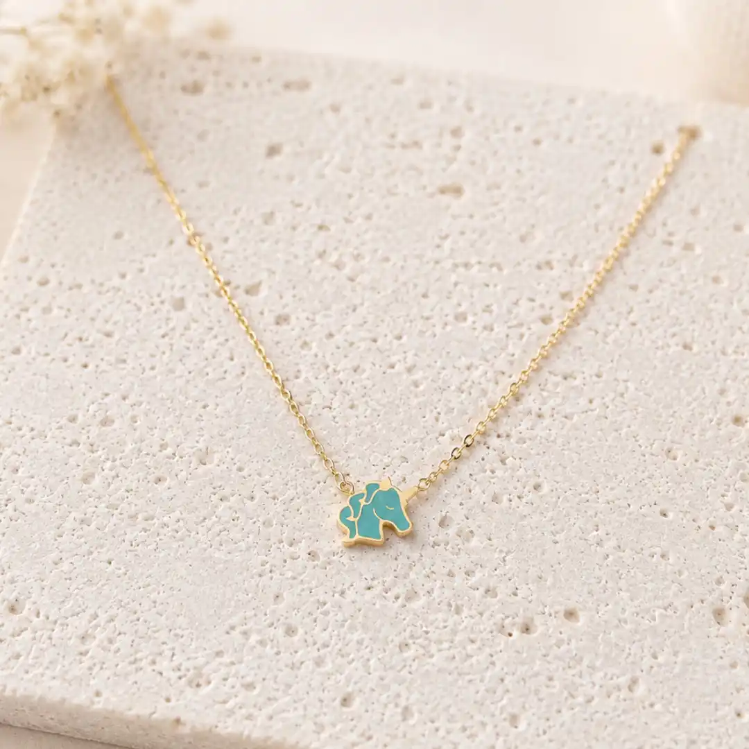 Collier enfant licorne en acier inoxydable doré bleu