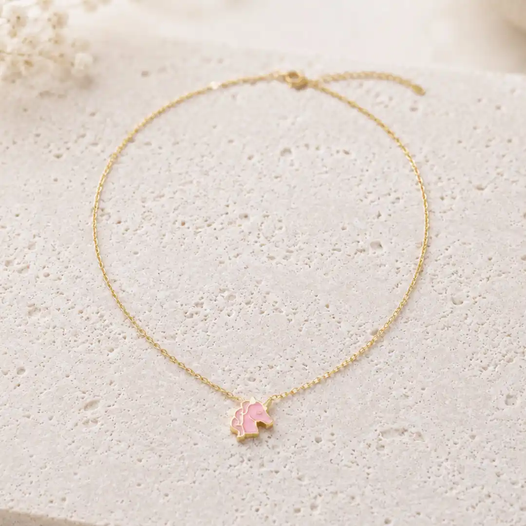Collier enfant licorne en acier inoxydable doré rose
