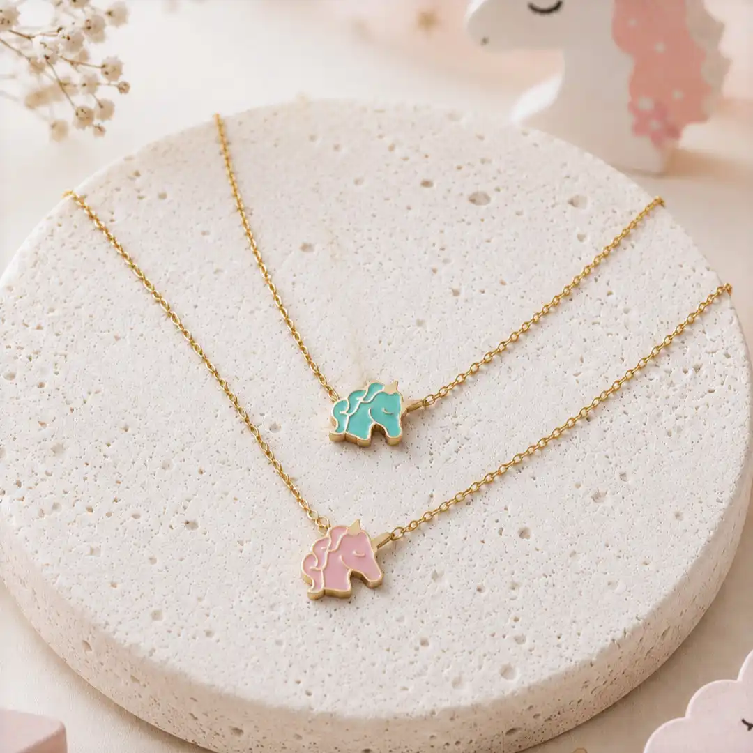 Colliers enfant licorne en acier inoxydable bleu et rose