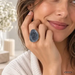 Bague acier émaillée ajustable gris nacré portée