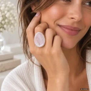 Bague acier émaillée ajustable blanc rosé portée