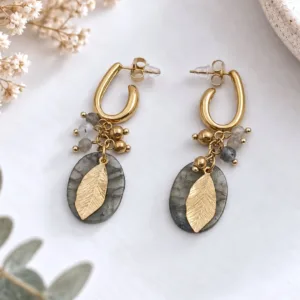 Boucles d’oreilles pendantes en pierre grise et acier inoxydable doré