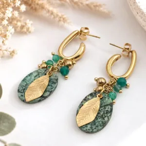 Boucles d’oreilles longues en acier inoxydable doré avec pierre verte