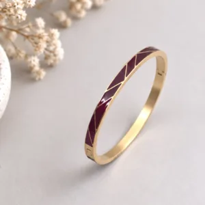 Bracelet jonc en acier inoxydable doré émaillé bordeaux