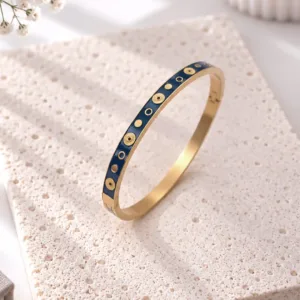 Bracelet jonc émaillé femme bleu foncé en acier inoxydable doré