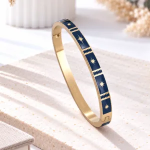 Bracelet jonc émaillé bleu marine en acier inoxydable doré à étoiles