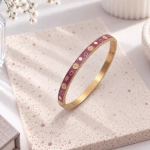Bracelet jonc émaillé femme fuchsia en acier inoxydable doré