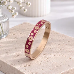 Bracelet jonc émaillé femme fuchsia en acier inoxydable doré