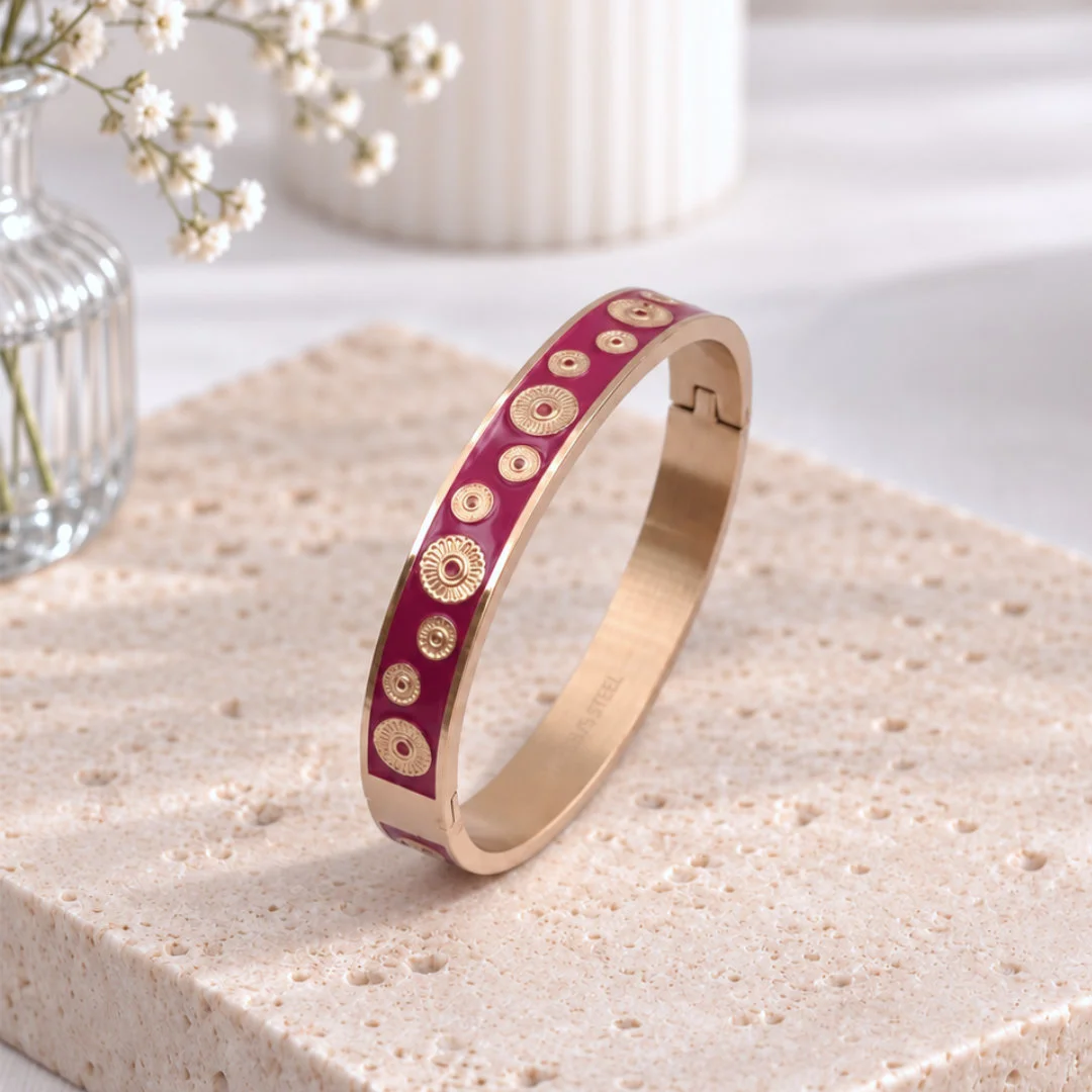 Bracelet jonc émaillé femme fuchsia en acier inoxydable doré