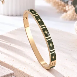 Bracelet jonc émaillé kaki en acier inoxydable doré à motifs étoiles