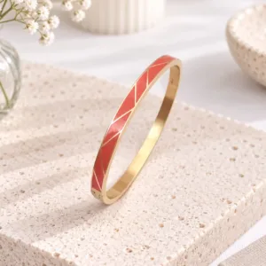 Bracelet jonc émaillé rouge corail en acier inoxydable doré
