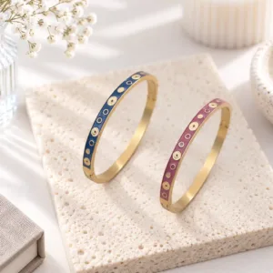 Bracelets joncs émaillés femme bleu foncé et fuchsia en acier doré