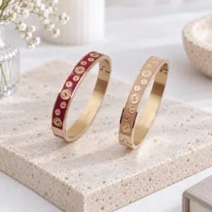 Bracelets joncs émaillés femme fuchsia et beige rosé en acier inoxydable doré