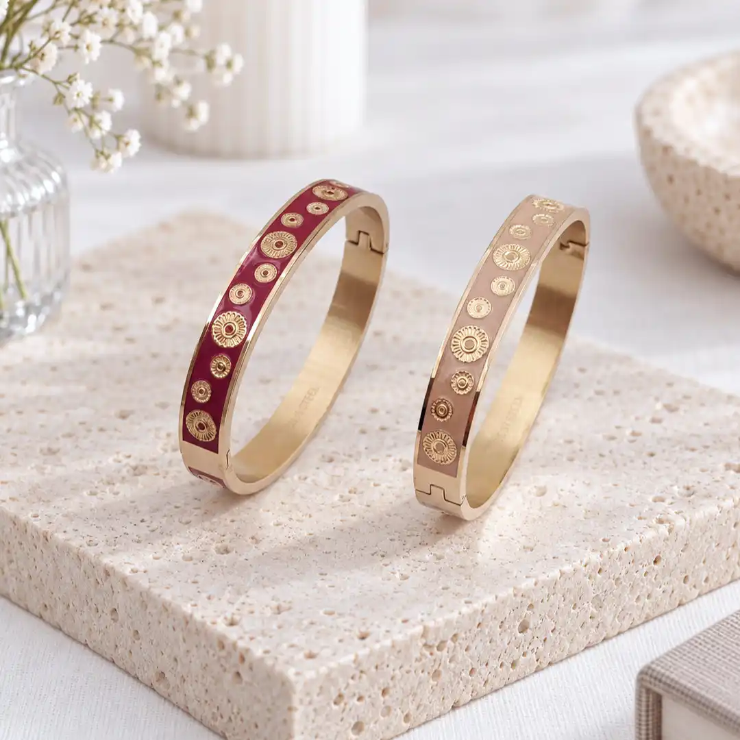 Bracelets joncs émaillés femme fuchsia et beige rosé en acier inoxydable doré