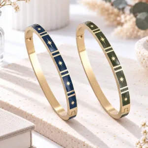 Bracelets joncs émaillés bleu marine et kaki en acier inoxydable doré