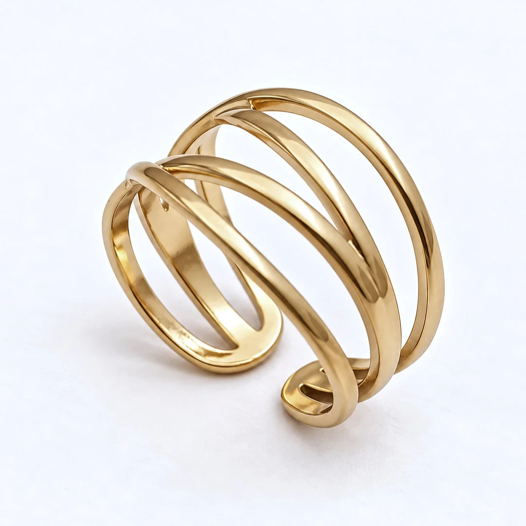 Bague multirangs dorée en acier inoxydable à fils entrecroisés