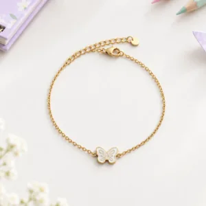 Bracelet enfant papillon blanc en acier inoxydable doré avec chaîne fine et rallonge