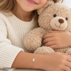 : Bracelet enfant en acier inoxydable doré avec papillon blanc au poignet d’une fillette.