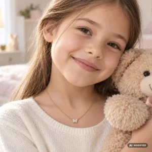 Collier acier enfant à chaîne dorée et papillon blanc autour du cou d’une fillette.